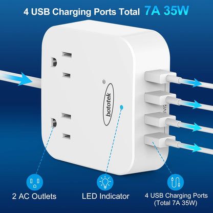 Power Strip,  Travel Power Strip Extension Cord with 2 Widely Outlets 4 USB Ports, Flat Plug, 4Ft Desk USB Charging Station for Dorm Room Home and Cruise Ship Essentials Travel