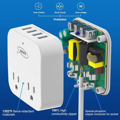 Power Strip,  Travel Power Strip Extension Cord with 2 Widely Outlets 4 USB Ports, Flat Plug, 4Ft Desk USB Charging Station for Dorm Room Home and Cruise Ship Essentials Travel